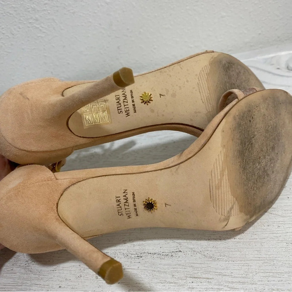 Stuart Weitzman Adrianna Suede Sandal Heels Peach Nude 7 Wedding Event Sparkle - Picture 7 of 8